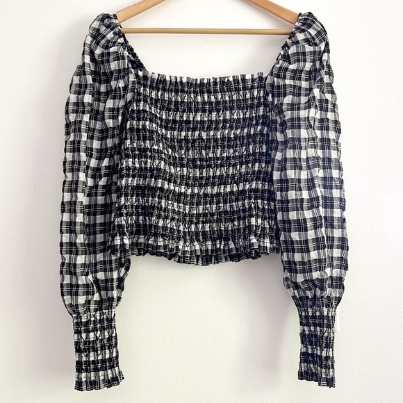 H&M Smocked Blouse Gingham Long Sleeve Crop Top - Picture 11 of 15